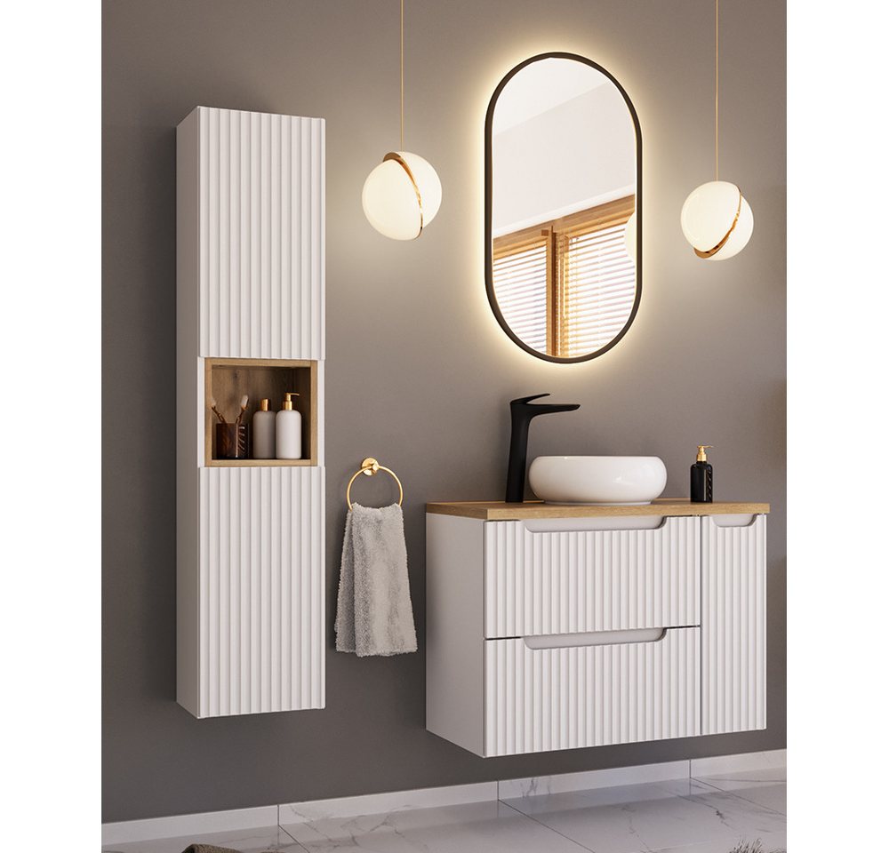 Lomadox Badmöbel-Set NEWPORT-56-WHITE, (Spar-Set, 3-St., Hochschrank LED-Spiegel Waschtisch Badregal), in weiß mit gerillter Front, inkl. LED-Beleuchtung von Lomadox