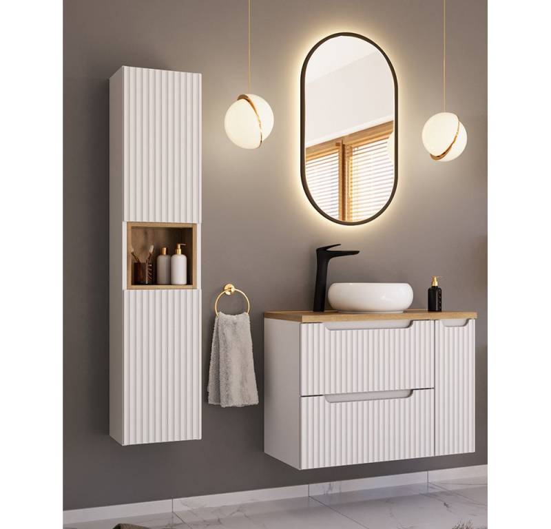 Lomadox Badmöbel-Set NEWPORT-56-WHITE, (Spar-Set, 3-St., Hochschrank LED-Spiegel Waschtisch Badregal), in weiß mit gerillter Front, inkl. LED-Beleuchtung von Lomadox