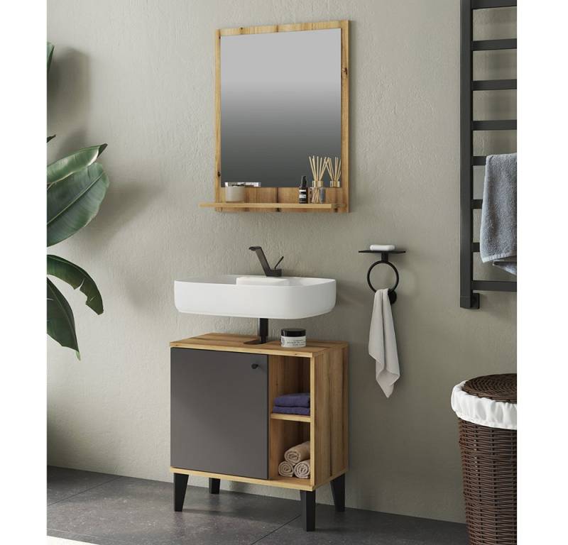 Lomadox Badmöbel-Set OLEAN-61, (Spar-Set, 2-St., Waschbeckenunterschrank), Eiche Dekor mit grau modern Möbelfüße 60 cm breit von Lomadox