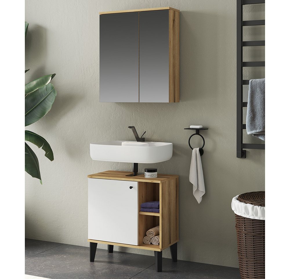 Lomadox Badmöbel-Set OLEAN-61, (Spar-Set, 2-St., Waschbeckenunterschrank Spiegelschrank), Eiche Dekor mit weiß modern Möbelfüße schwarz Breite 60 cm von Lomadox
