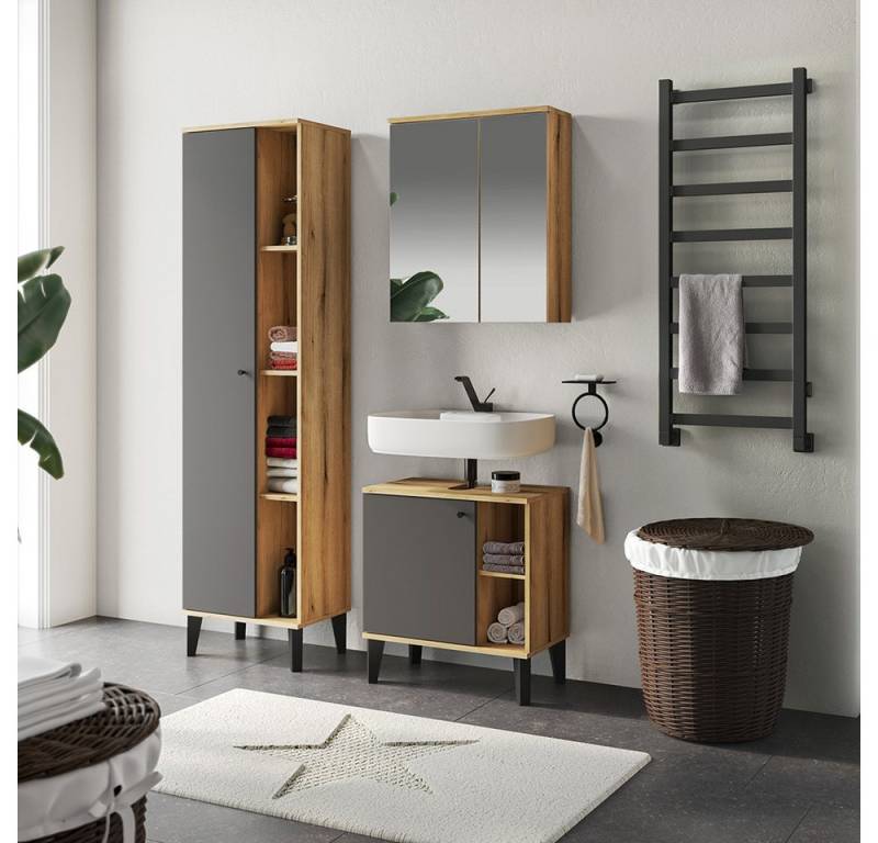 Lomadox Badmöbel-Set OLEAN-61, (Spar-Set, 3-St., Waschbeckenunterschrank Spiegelschrank Hochschrank), Eiche Dekor Holzoptik mit grau modern Möbelfüße schwarz von Lomadox