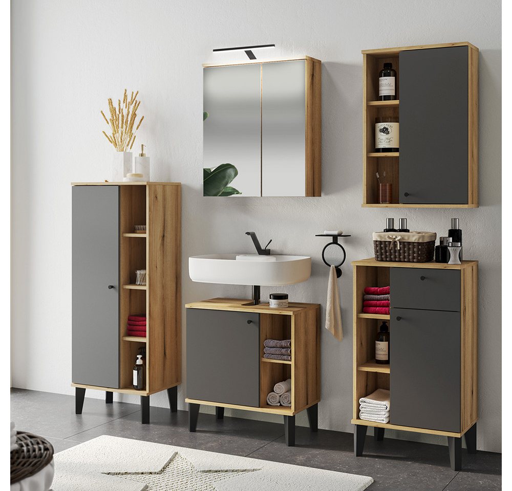 Lomadox Badmöbel-Set OLEAN-61, (Spar-Set, 5-St., Waschbeckenunterschrank Spiegel Hochschrank), Eiche Dekor mit grau Möbelfüße schwarz LED Beleuchtung modern von Lomadox