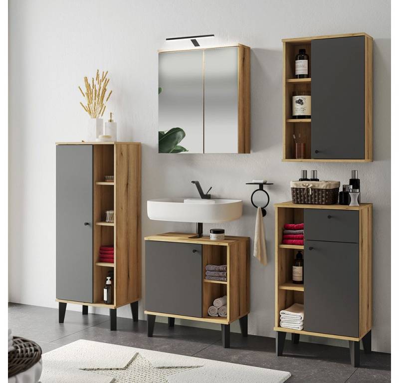 Lomadox Badmöbel-Set OLEAN-61, (Spar-Set, 5-St., Waschbeckenunterschrank Spiegel Hochschrank), Eiche Dekor mit grau Möbelfüße schwarz LED Beleuchtung modern von Lomadox
