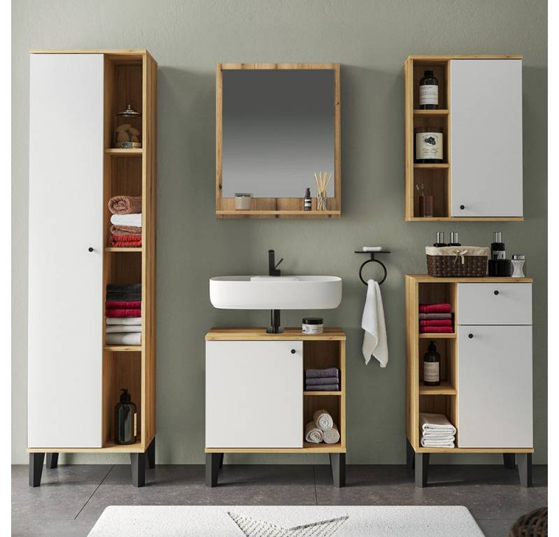 Lomadox Badmöbel-Set OLEAN-61, (Spar-Set, 5-St., Waschbeckenunterschrank Spiegel Hochschrank Unterschrank Hängeschrank), Eiche Dekor mit weiß modern Möbelfüße schwarz von Lomadox