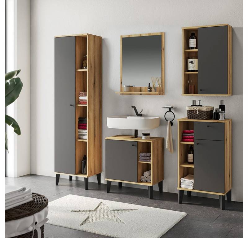Lomadox Badmöbel-Set OLEAN-61, (Spar-Set, 5-St., Waschbeckenunterschrank Spiegel Midischrank Unterschrank Hängeschrank), Eiche Dekor mit grau modern Möbelfüße schwarz von Lomadox