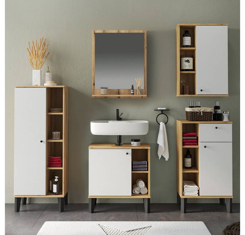 Lomadox Badmöbel-Set OLEAN-61, (Spar-Set, 5-St., Waschbeckenunterschrank Spiegel Midischrank Unterschrank Hängeschrank), Eiche Dekor mit weiß modern Möbelfüße schwarz von Lomadox