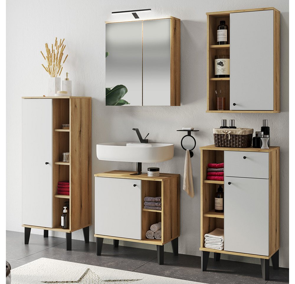 Lomadox Badmöbel-Set OLEAN-61, (Spar-Set, 5-St., Waschbeckenunterschrank Spiegel Midischrank Unterschrank Hängeschrank), Eiche mit weiß Möbelfüße schwarz LED Beleuchtung modern von Lomadox