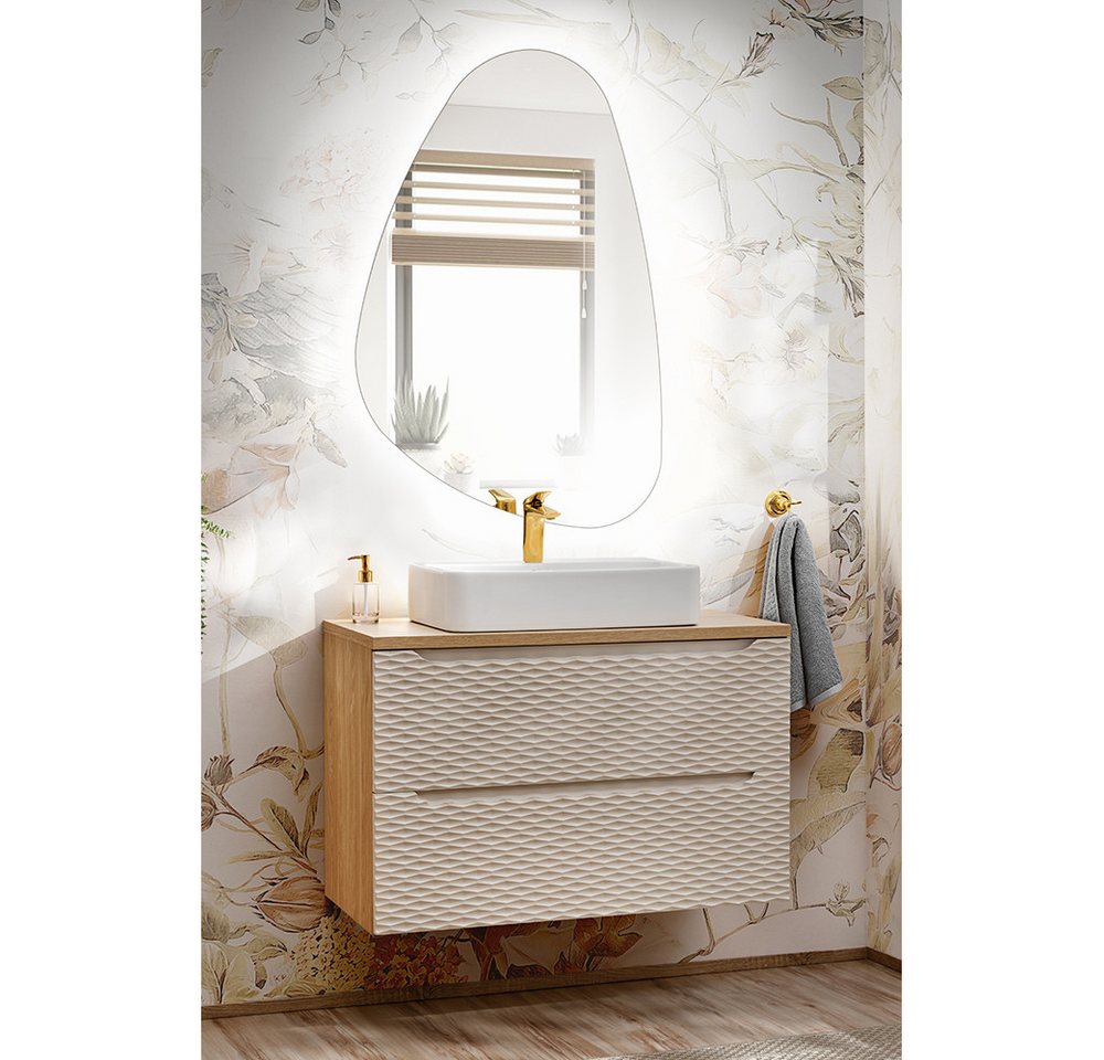 Lomadox Badmöbel-Set OLUO-56-BEIGE, (Spar-Set, 2-St., LED-Spiegel Waschtisch), Unterschrank 90cm mit Aufsatzbecken, Eiche mit beige, 3D-Oberfläche von Lomadox