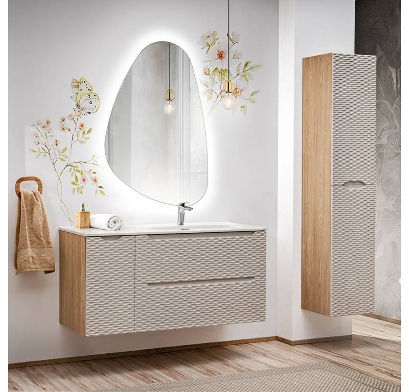 Lomadox Badmöbel-Set OLUO-56-BEIGE, (Spar-Set, 3-St., LED-Spiegel Waschtisch Hochschrank), 120cm Keramikwaschbecken, Eiche mit beige, 3D-Oberfläche von Lomadox