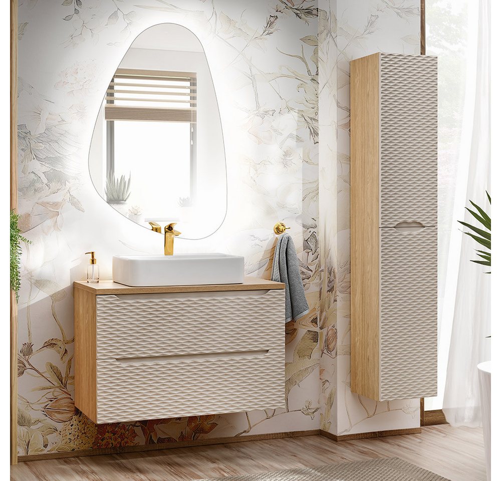 Lomadox Badmöbel-Set OLUO-56-BEIGE, (Spar-Set, 3-St., LED-Spiegel Waschtisch Hochschrank), Unterschrank 90cm mit Aufsatzbecken, Eiche mit beige, 3D-Oberfläche von Lomadox