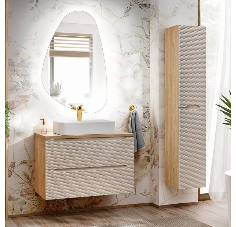 Lomadox Badmöbel-Set OLUO-56-BEIGE, (Spar-Set, 3-St., LED-Spiegel Waschtisch Hochschrank), Unterschrank 90cm mit Aufsatzbecken, Eiche mit beige, 3D-Oberfläche von Lomadox