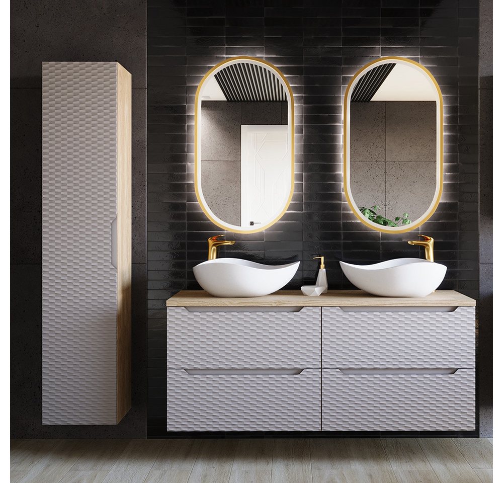 Lomadox Badmöbel-Set OLUO-56-BEIGE, (Spar-Set, 4-St., Hochschrank LED-Spiegel Doppelwaschtisch), 120cm mit Keramik-Aufsatzbecken, Eiche mit beige, 3D-Oberfläche von Lomadox