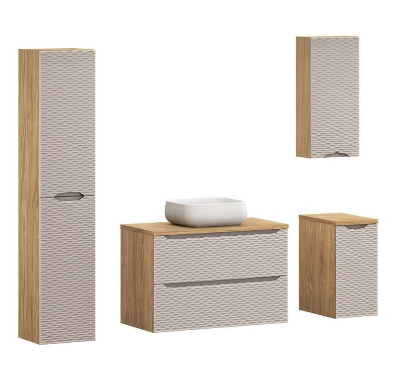 Lomadox Badmöbel-Set OLUO-56-BEIGE, (Spar-Set, 4-St., Hochschrank Waschtisch Hängeschrank Badkommode), 90cm mit Keramik-Aufsatzbecken, Eiche mit beige, 3D-Oberfläche von Lomadox
