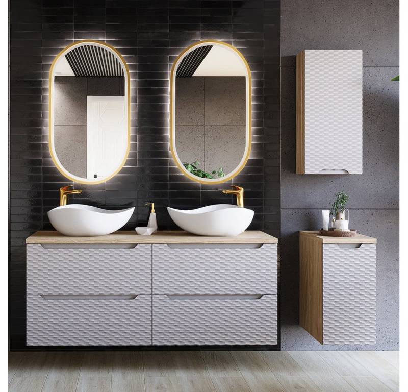 Lomadox Badmöbel-Set OLUO-56-BEIGE, (Spar-Set, 5-St., LED-Spiegel Doppelwaschtisch Hängeschrank Badkommode), 120cm mit Keramik-Aufsatzbecken, Eiche mit beige, 3D-Oberfläche von Lomadox