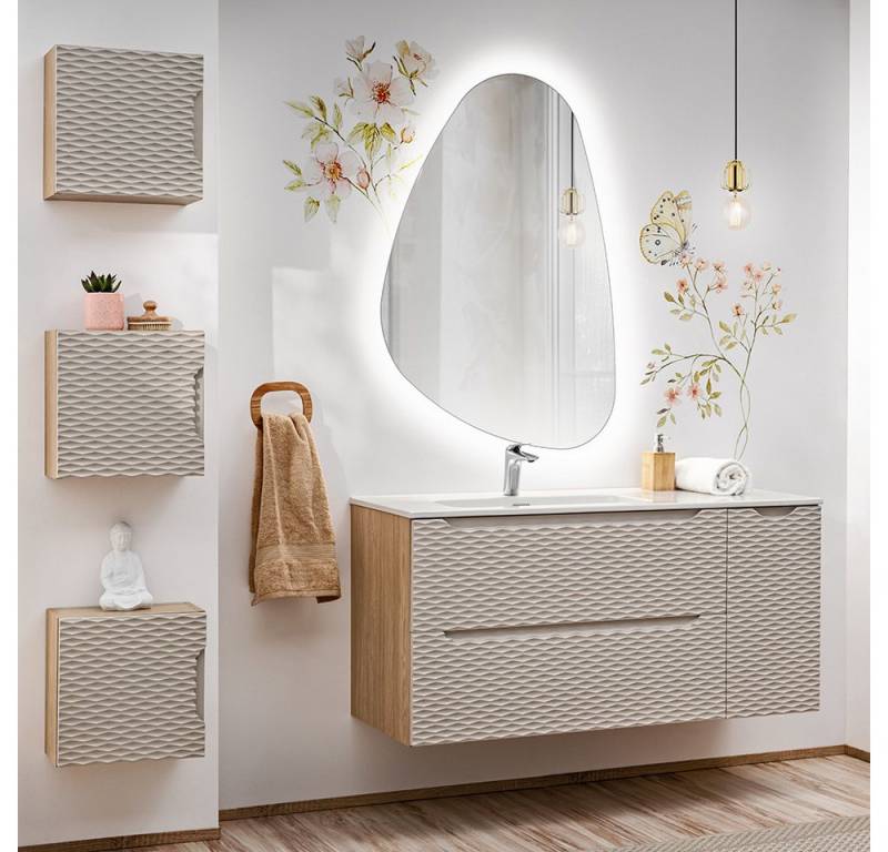 Lomadox Badmöbel-Set OLUO-56-BEIGE, (Spar-Set, 5-St., LED-Spiegel Waschtisch Hängeschränke), 120cm Keramikwaschbecken, Eiche mit beige, 3D-Oberfläche von Lomadox