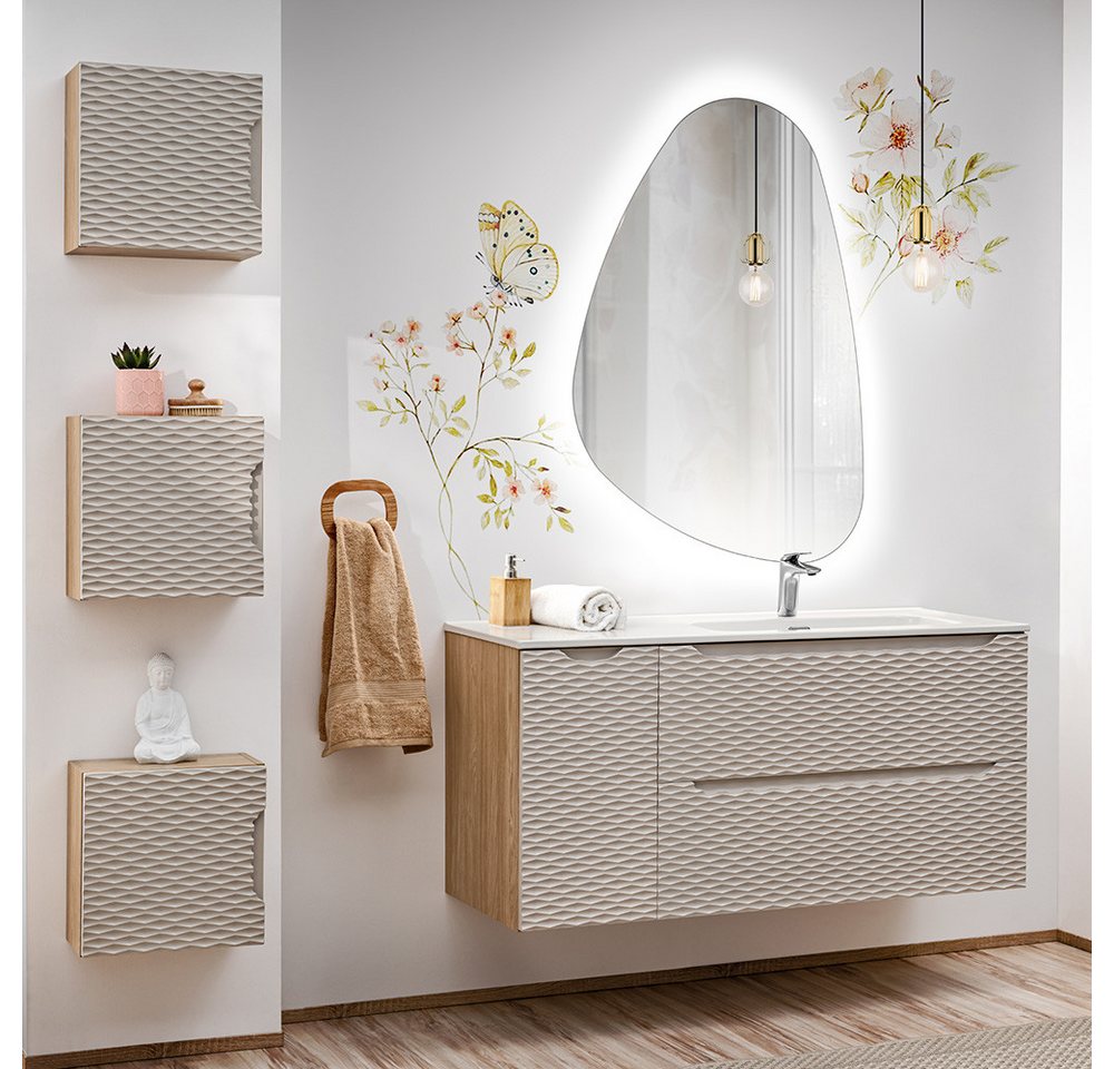 Lomadox Badmöbel-Set OLUO-56-BEIGE, (Spar-Set, 5-St., LED-Spiegel Waschtisch Hängeschränke), 120cm Keramikwaschbecken, Eiche mit beige, 3D-Oberfläche von Lomadox