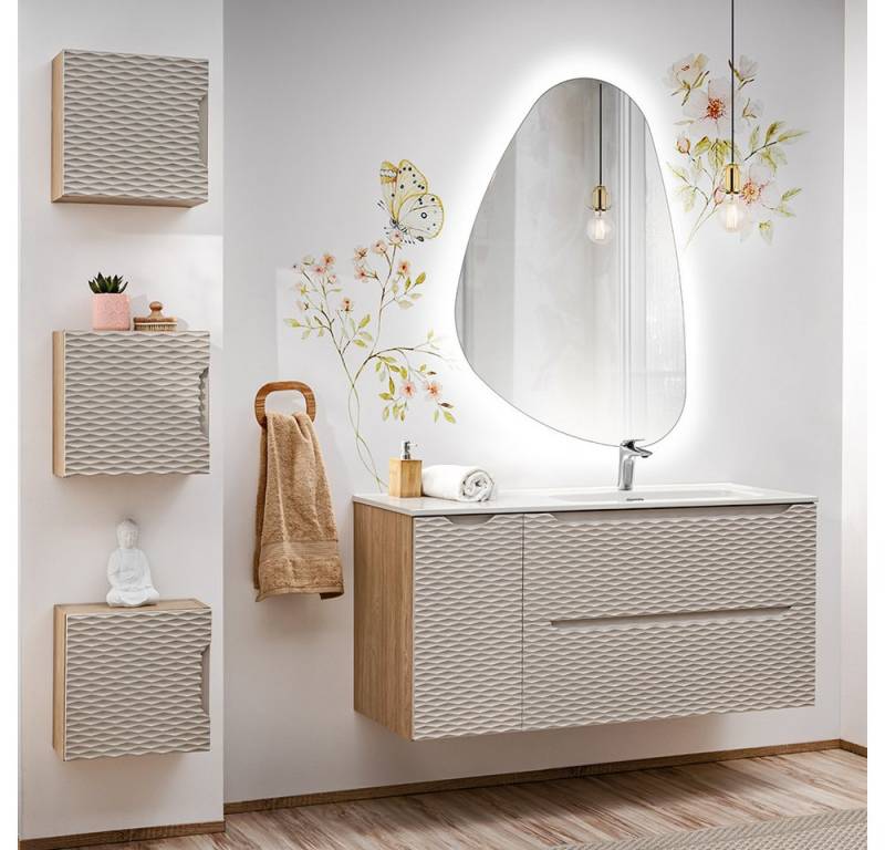 Lomadox Badmöbel-Set OLUO-56-BEIGE, (Spar-Set, 5-St., LED-Spiegel Waschtisch Hängeschränke), 120cm Keramikwaschbecken, Eiche mit beige, 3D-Oberfläche von Lomadox
