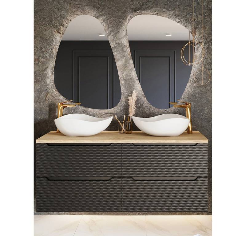 Lomadox Badmöbel-Set OLUO-56-BLACK, (Spar-Set, 3-St., LED-Spiegel Doppelwaschtisch), mit 120cm Waschtisch, Eiche mit schwarz, 3D-Oberfläche von Lomadox