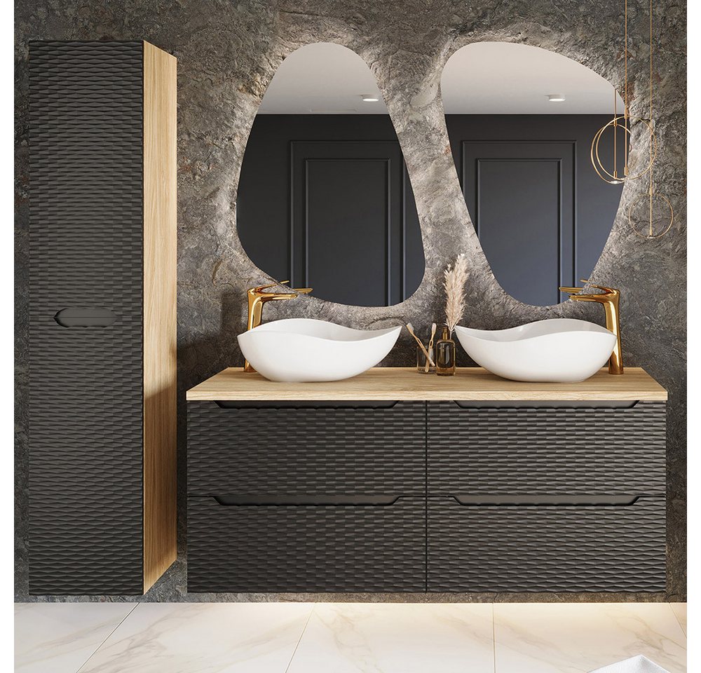Lomadox Badmöbel-Set OLUO-56-BLACK, (Spar-Set, 4-St., Hochschrank LED-Spiegel Doppelwaschtisch), mit 120cm Waschtisch, Eiche mit schwarz, 3D-Oberfläche von Lomadox