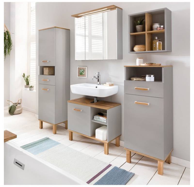 Lomadox Badmöbel-Set PERM-80, (Spar-Set, 5-St), in Platingrau mit Eiche Landhaus Nb. LED Spiegelschrank 176/200/35 cm von Lomadox