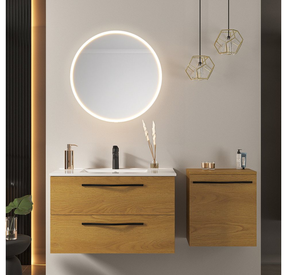 Lomadox Badmöbel-Set PIHA-145, (Spar-Set, 3-St., Waschtisch LED-Spiegel Seitenschrank), Eiche 80cm Waschbeckenschrank Beleuchtung Keramik Waschbecken modern von Lomadox