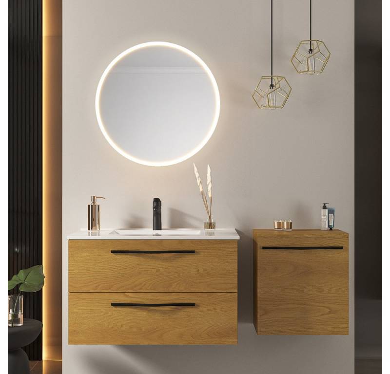 Lomadox Badmöbel-Set PIHA-145, (Spar-Set, 3-St., Waschtisch LED-Spiegel Seitenschrank), Eiche 80cm Waschbeckenschrank Beleuchtung Keramik Waschbecken modern von Lomadox