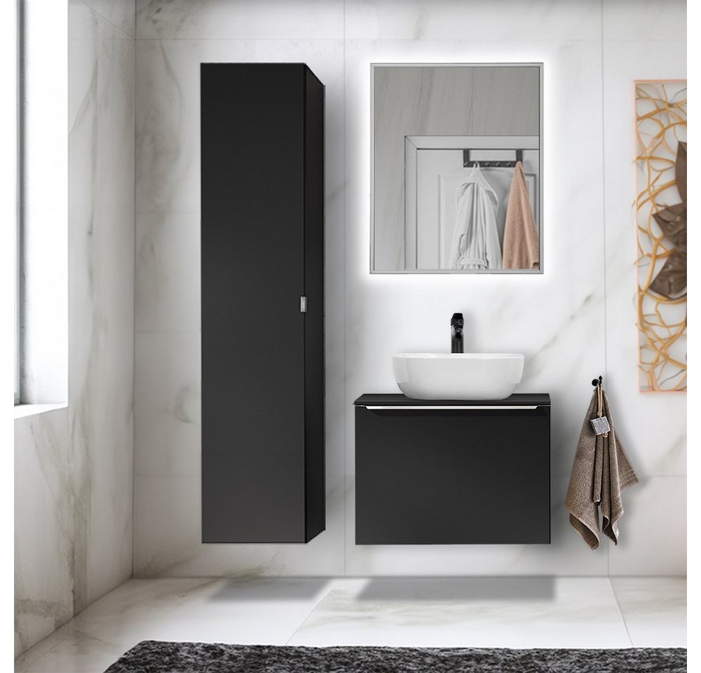 Lomadox Badmöbel-Set PUEBLA-56-BLACK, (Spar-Set, 3-St), matt schwarz, Spiegel mit LED-Beleuchtung, Keramik-Waschbecken von Lomadox