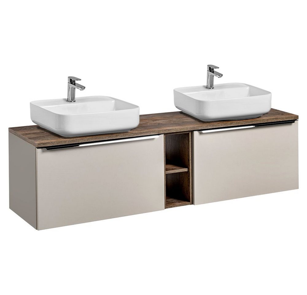 Lomadox Badmöbel-Set PUEBLA-56-TAUPE, (Spar-Set, 6-St., Unterschrank Waschbecken Waschbeckenschränke), taupe mit Vintage Oak 2 Keramik-Waschbecken 180,4/62,5/46 cm von Lomadox