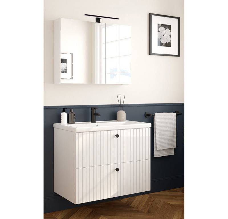 Lomadox Badmöbel-Set RIVA-107, (Spar-Set, 2-St., Waschtisch Spiegelschrank Aufbauleuchte), weiß Hochglanz lackiert Waschbecken Unterschrank 80cm LED Beleuchtung von Lomadox