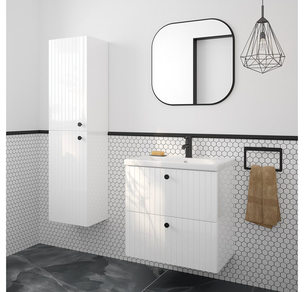 Lomadox Badmöbel-Set RIVA-107, (Spar-Set, 3-St., Waschtisch Spiegel Hochschrank), weiß Hochglanz Keramik Waschbecken Unterschrank 60cm Badschrank von Lomadox