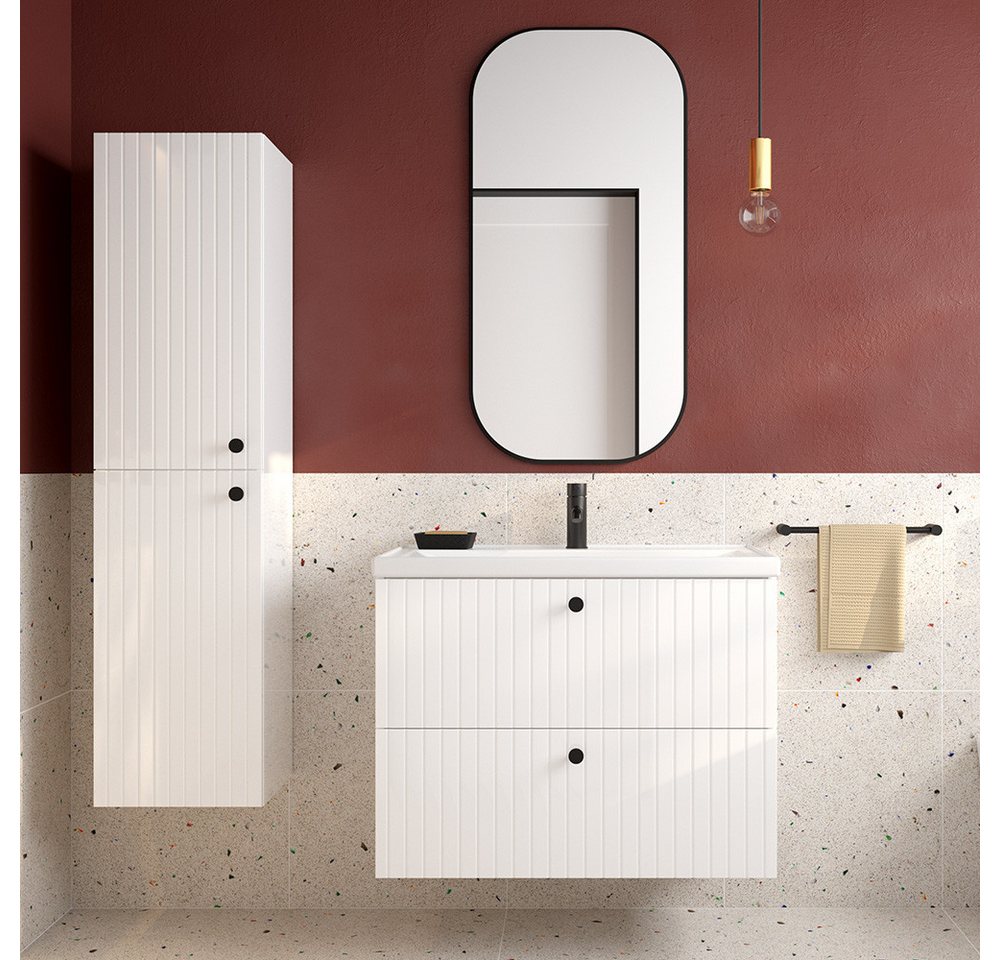 Lomadox Badmöbel-Set RIVA-107, (Spar-Set, 3-St., Waschtisch Spiegel Hochschrank), weiß Hochglanz Keramik Waschbecken Unterschrank 80cm Badschrank von Lomadox
