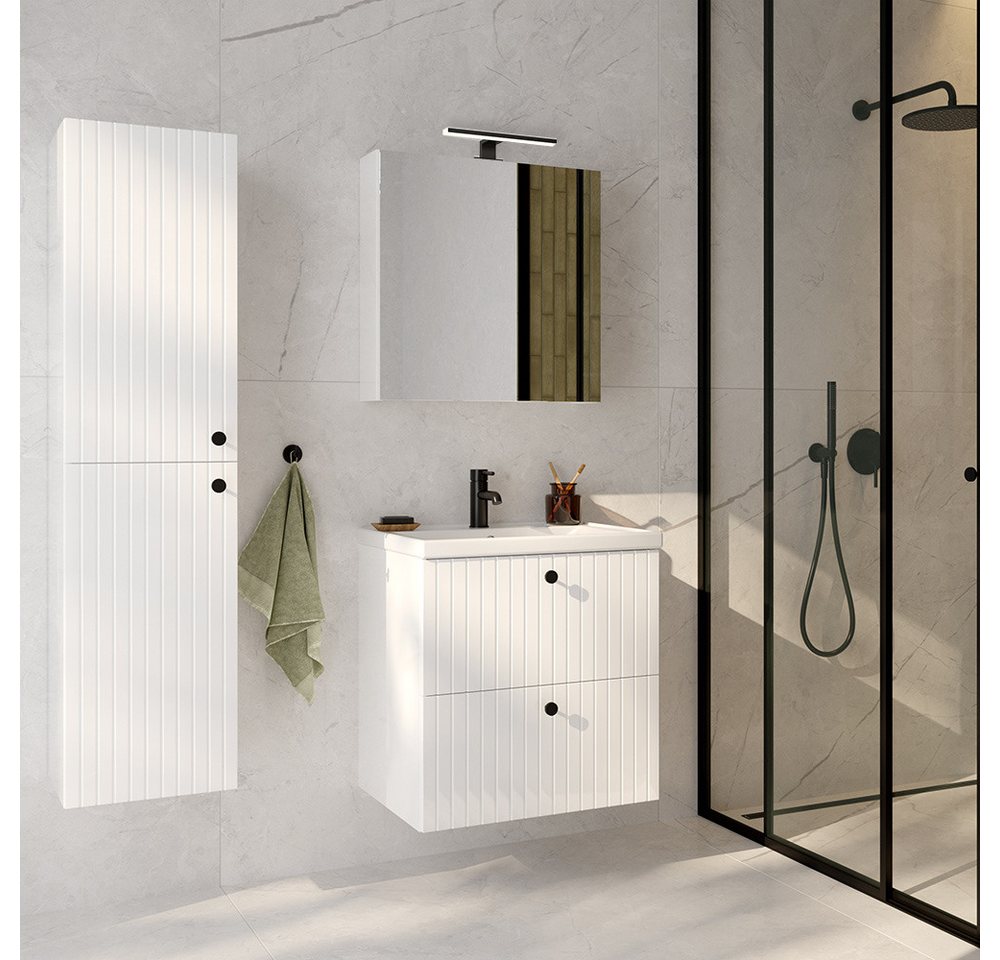Lomadox Badmöbel-Set RIVA-107, (Spar-Set, 3-St., Waschtisch Spiegelschrank Aufbauleuchte Hochschrank), weiß Hochglanz Waschbecken Unterschrank 60cm Badschrank Beleuchtung von Lomadox