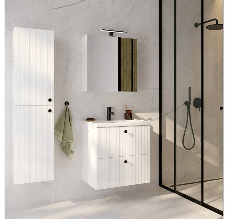 Lomadox Badmöbel-Set RIVA-107, (Spar-Set, 3-St., Waschtisch Spiegelschrank Aufbauleuchte Hochschrank), weiß Hochglanz Waschbecken Unterschrank 60cm Badschrank Beleuchtung von Lomadox