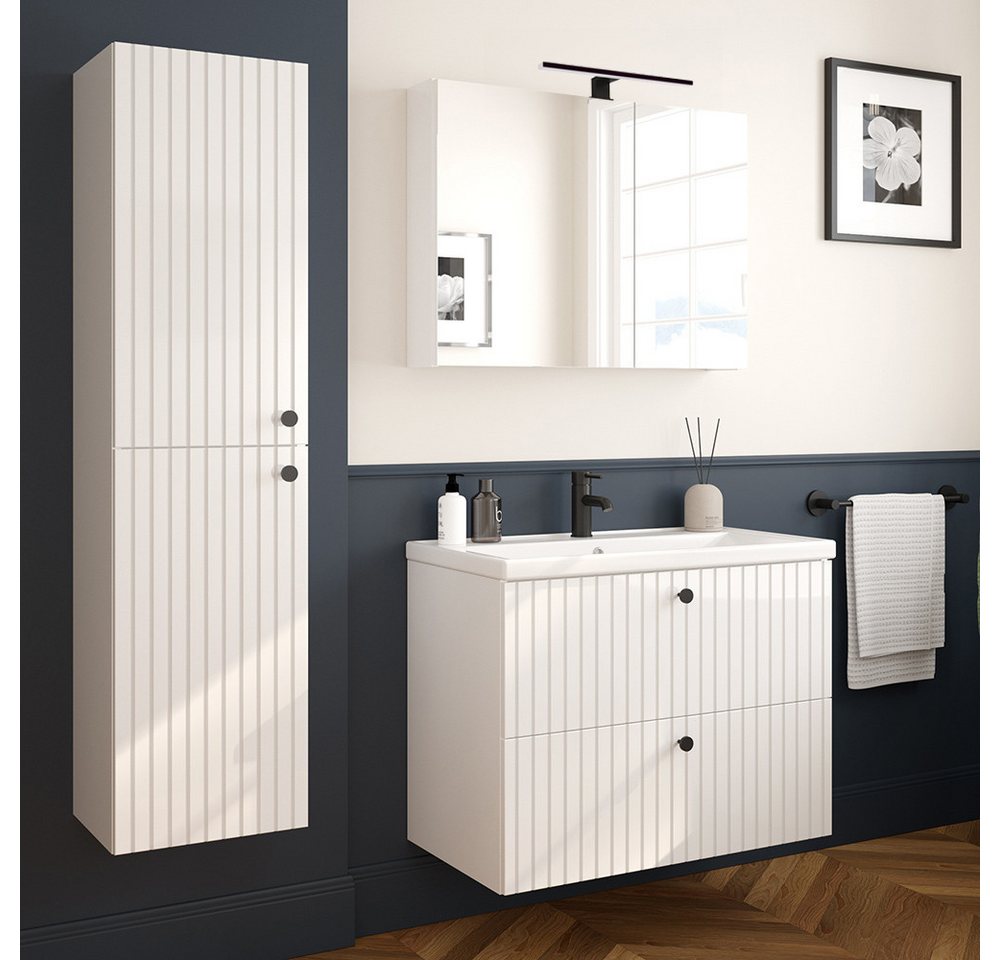 Lomadox Badmöbel-Set RIVA-107, (Spar-Set, 3-St., Waschtisch Spiegelschrank Aufbauleuchte Hochschrank), weiß Hochglanz Waschbecken Unterschrank 80cm Badschrank Beleuchtung von Lomadox