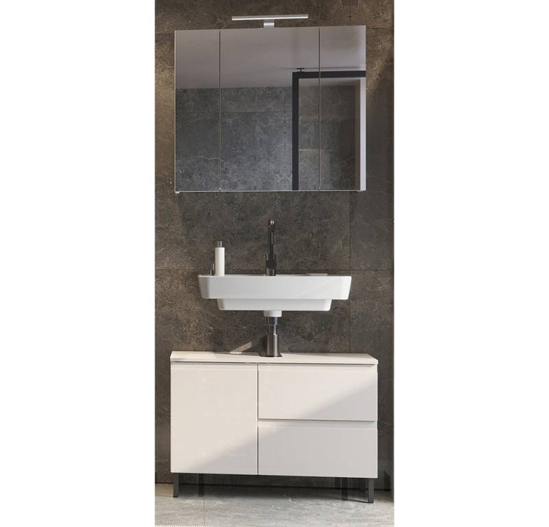 Lomadox Badmöbel-Set SALO-01, (Spar-Set, 2-St., Waschbeckenunterschrank Spiegelschrank Aufbauleuchte), kaschmir Front matt modern Metallfüße LED Beleuchtung von Lomadox