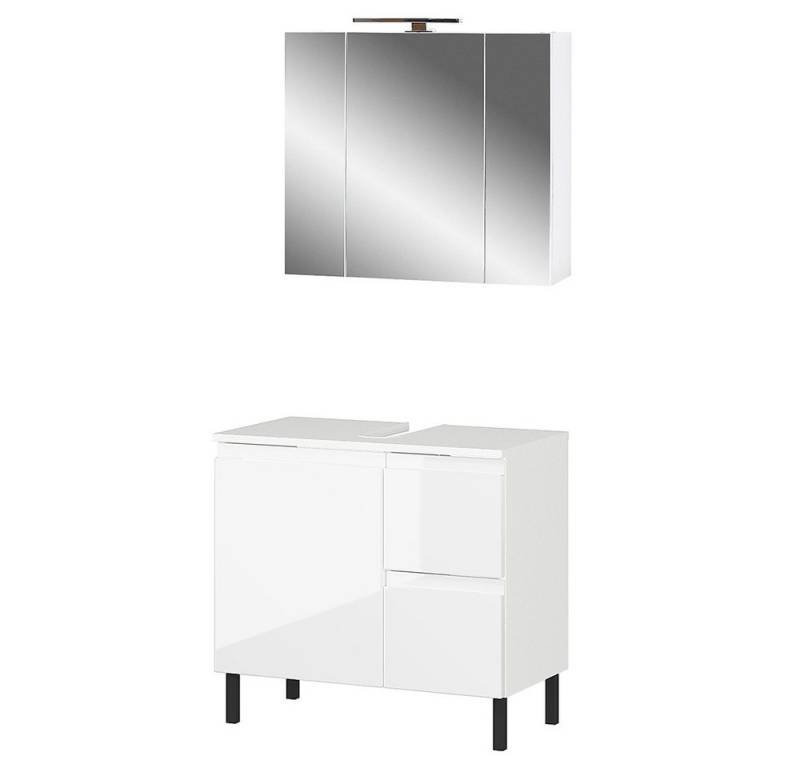Lomadox Badmöbel-Set SALO-01, (Spar-Set, 2-St., Waschbeckenunterschrank Spiegelschrank Aufbauleuchte), weiß Front Hochglanz modern Metallfüße LED Beleuchtung von Lomadox