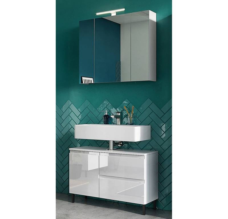 Lomadox Badmöbel-Set SALO-01, (Spar-Set, 2-St., Waschbeckenunterschrank Spiegelschrank Aufbauleuchte), weiß mit Hochglanz-Front Metallfüße LED Beleuchtung von Lomadox