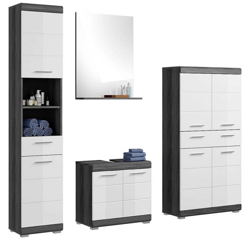 Lomadox Badmöbel-Set SIROCO-158, (Spar-Set, 4-St., Hochschrank Waschbeckenunterschrank Spiegel Badezimmerschrank), Badezimmerschrank Komplett Set Badezimmer modern in weiß mit grau von Lomadox