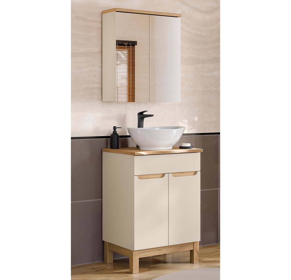 Lomadox Badmöbel-Set SOLNA-56-CASHMERE, (Spar-Set, 2-St., Spiegelschrank Waschtisch), in kaschmir mit Eiche, grifflos, mit Baumkantenoptik von Lomadox