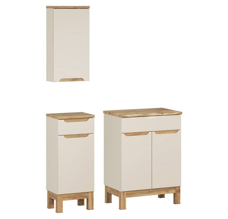 Lomadox Badmöbel-Set SOLNA-56-CASHMERE, (Spar-Set, 3-St., Hängeschrank Badkommode Waschbeckenschrank), in kaschmir mit Eiche, grifflos, mit Baumkantenoptik von Lomadox