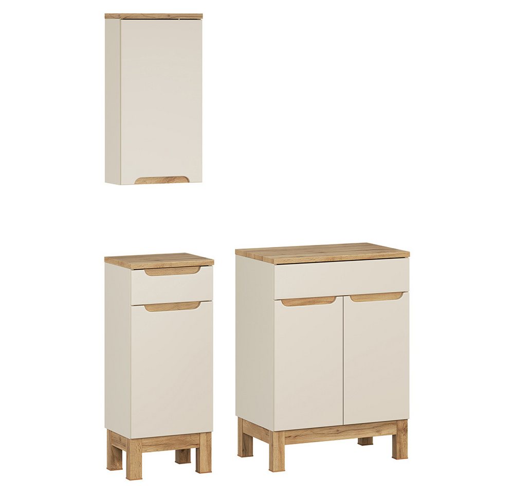 Lomadox Badmöbel-Set SOLNA-56-CASHMERE, (Spar-Set, 3-St., Hängeschrank Badkommode Waschbeckenschrank), in kaschmir mit Eiche, grifflos von Lomadox