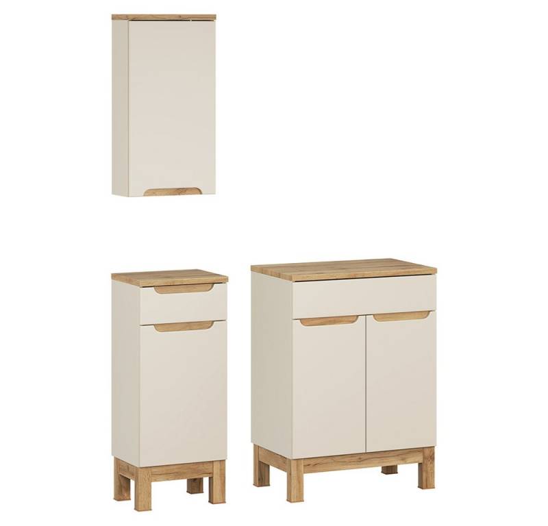 Lomadox Badmöbel-Set SOLNA-56-CASHMERE, (Spar-Set, 3-St., Hängeschrank Badkommode Waschbeckenschrank), in kaschmir mit Eiche, grifflos von Lomadox