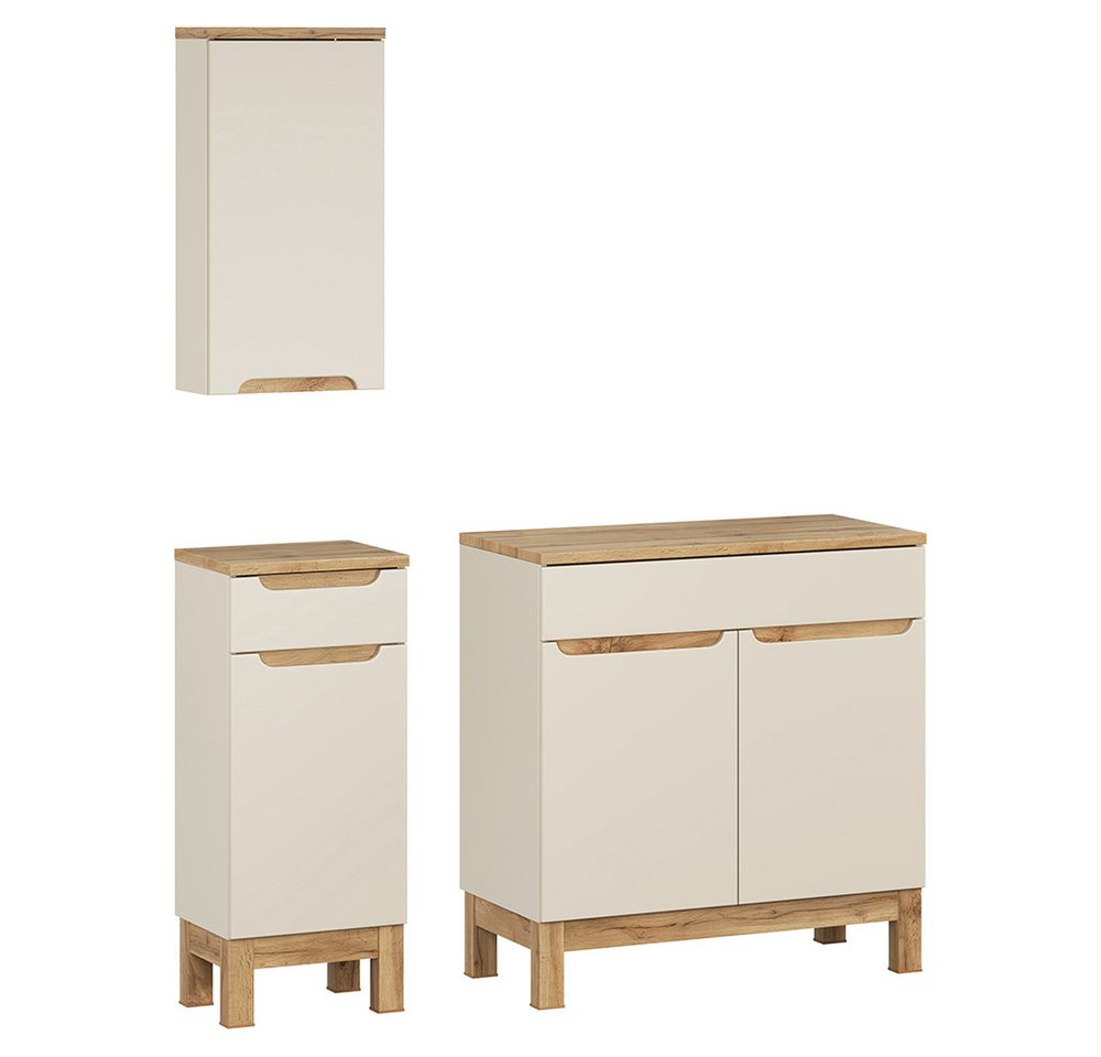 Lomadox Badmöbel-Set SOLNA-56-CASHMERE, (Spar-Set, 3-St., Hängeschrank Badkommode Waschbeckenschrank), in kaschmir mit Eiche, grifflos von Lomadox