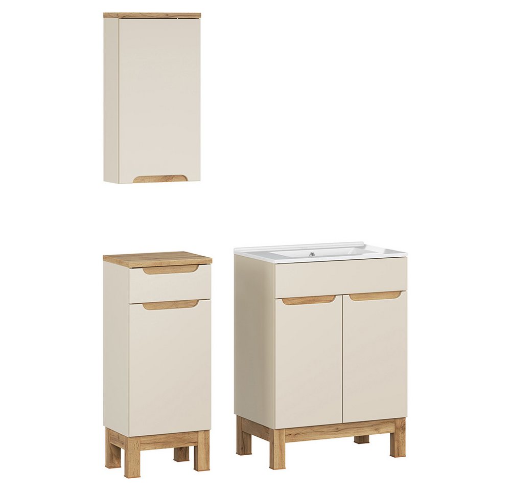 Lomadox Badmöbel-Set SOLNA-56-CASHMERE, (Spar-Set, 3-St., Hängeschrank Badkommode Waschtisch), in kaschmir mit Eiche, grifflos, 60cm Keramikwaschbecken von Lomadox