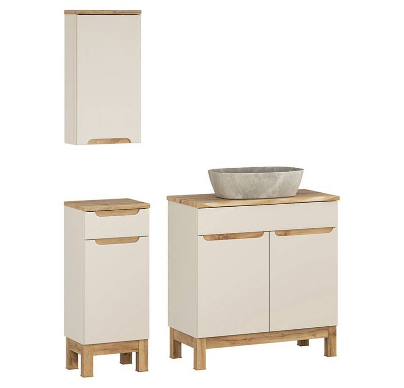 Lomadox Badmöbel-Set SOLNA-56-CASHMERE, (Spar-Set, 3-St., Hängeschrank Badkommode Waschtisch), in kaschmir mit Eiche, grifflos, mit Baumkantenoptik von Lomadox