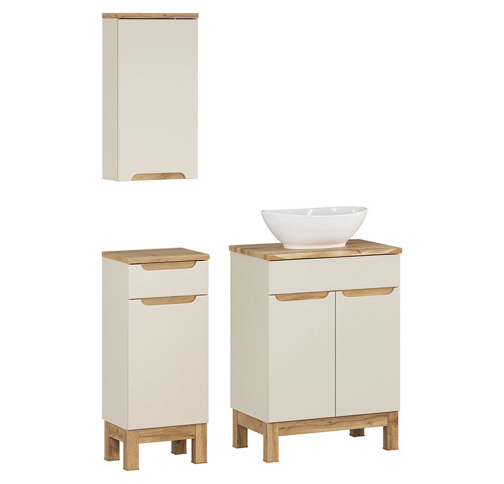 Lomadox Badmöbel-Set SOLNA-56-CASHMERE, (Spar-Set, 3-St., Hängeschrank Badkommode Waschtisch), in kaschmir mit Eiche, grifflos, mit Baumkantenoptik von Lomadox