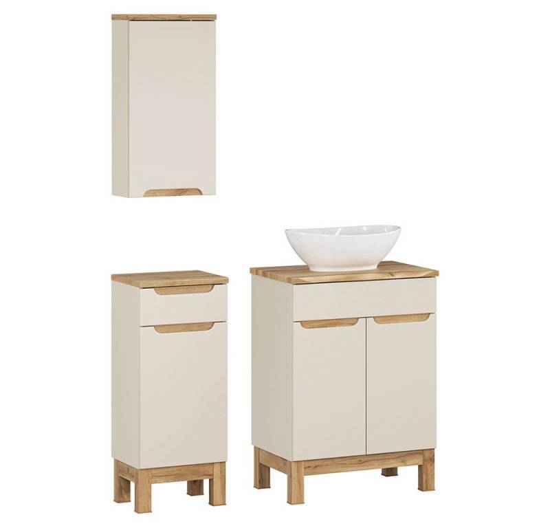 Lomadox Badmöbel-Set SOLNA-56-CASHMERE, (Spar-Set, 3-St., Hängeschrank Badkommode Waschtisch), in kaschmir mit Eiche, grifflos, mit Baumkantenoptik von Lomadox
