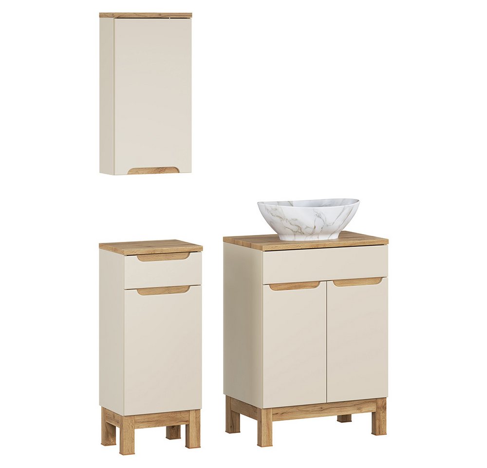 Lomadox Badmöbel-Set SOLNA-56-CASHMERE, (Spar-Set, 3-St., Hängeschrank Badkommode Waschtisch), in kaschmir mit Eiche, grifflos von Lomadox