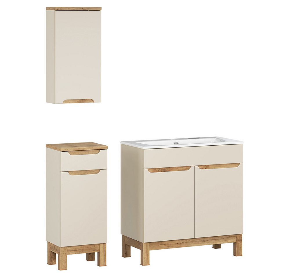 Lomadox Badmöbel-Set SOLNA-56-CASHMERE, (Spar-Set, 3-St., Hängeschrank Badkommode Waschtisch), in kaschmir mit Eiche, grifflos von Lomadox