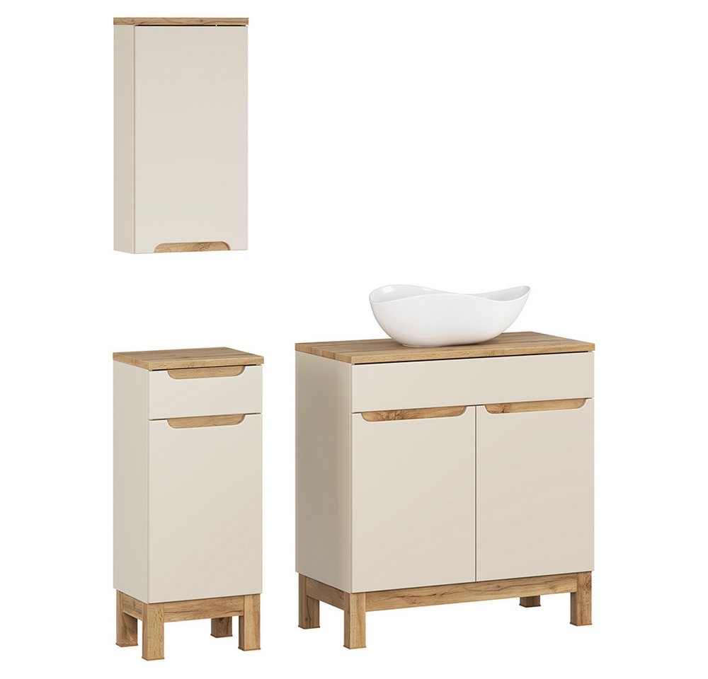 Lomadox Badmöbel-Set SOLNA-56-CASHMERE, (Spar-Set, 3-St., Hängeschrank Badkommode Waschtisch), in kaschmir mit Eiche, grifflos von Lomadox